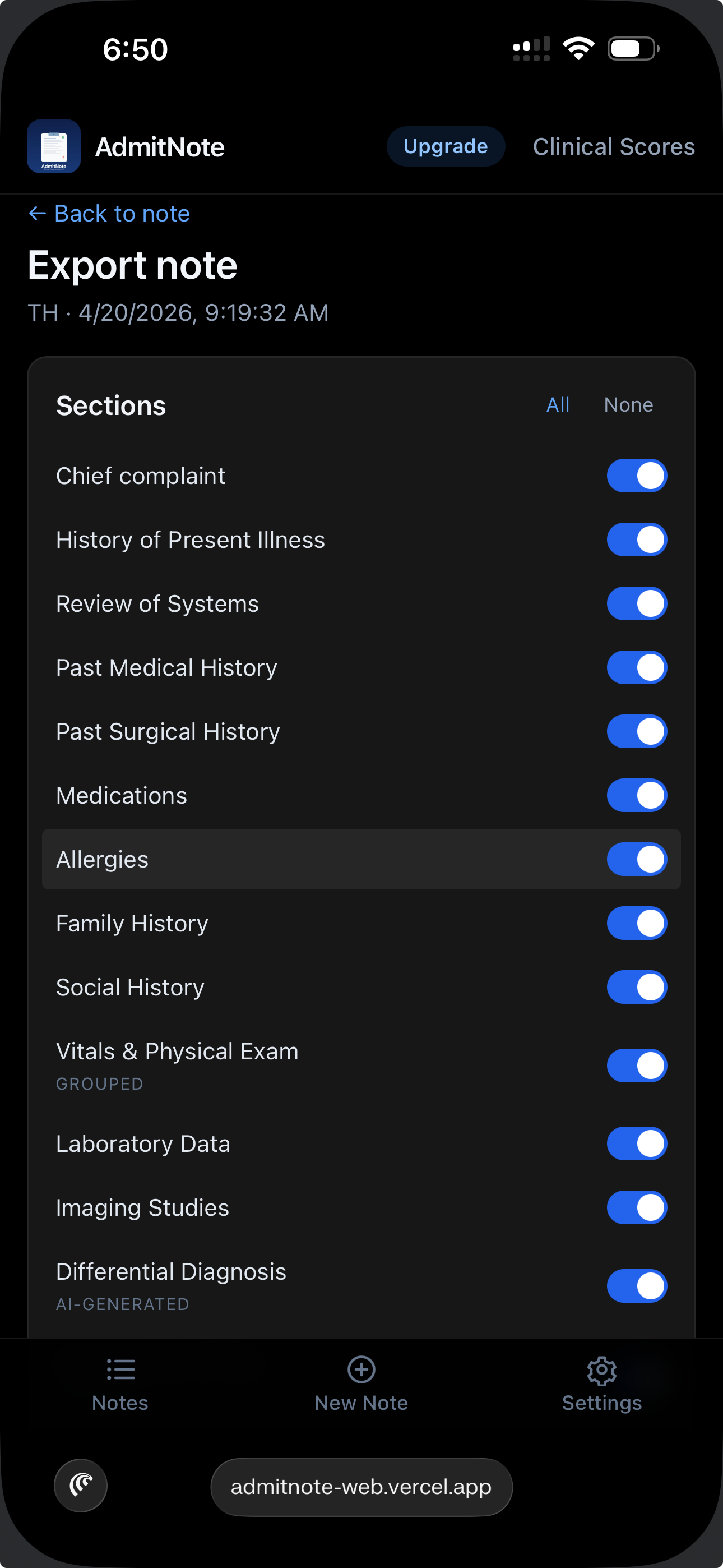 Export note options