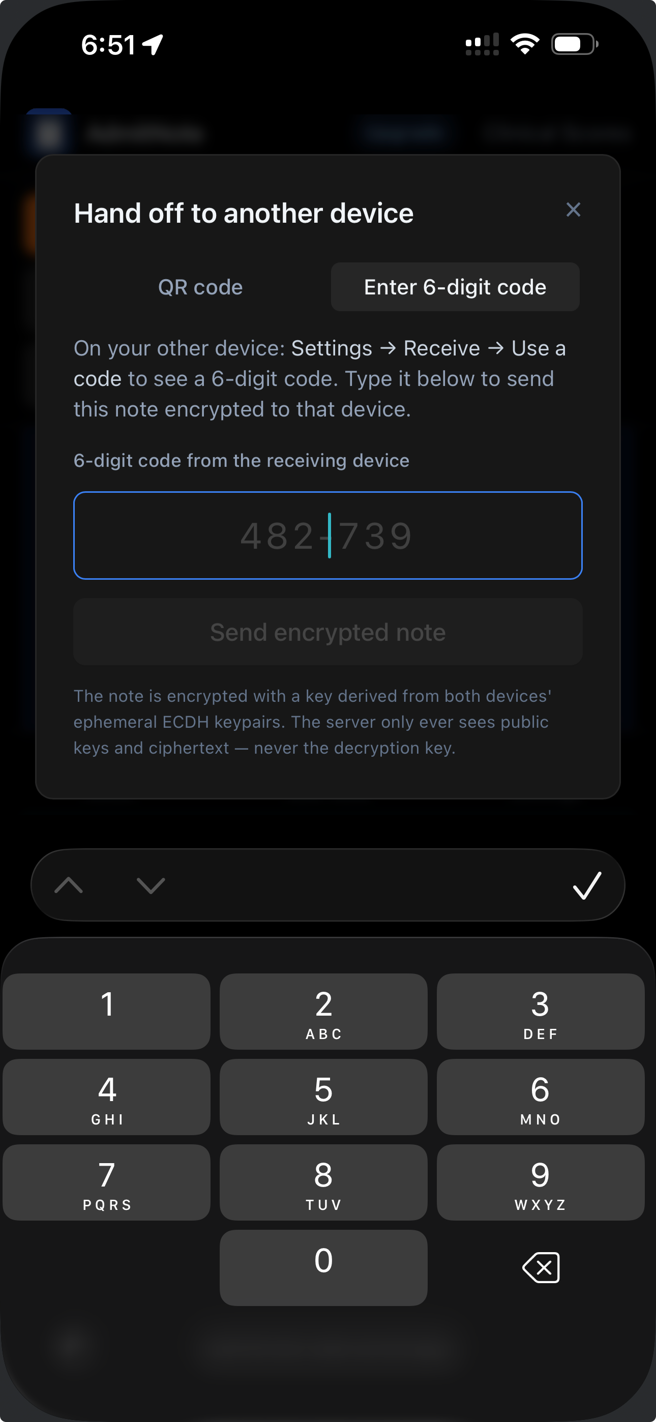Handoff 6-digit code for no-camera receiver