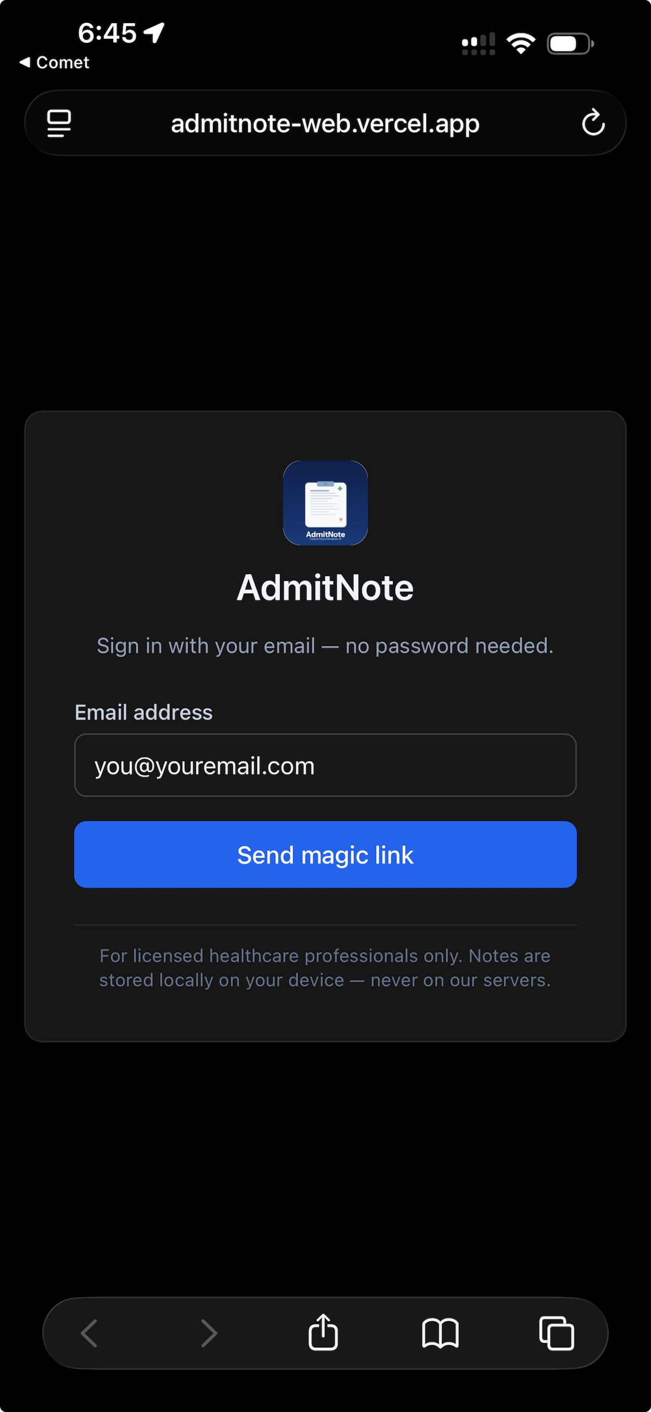 Sign in screen